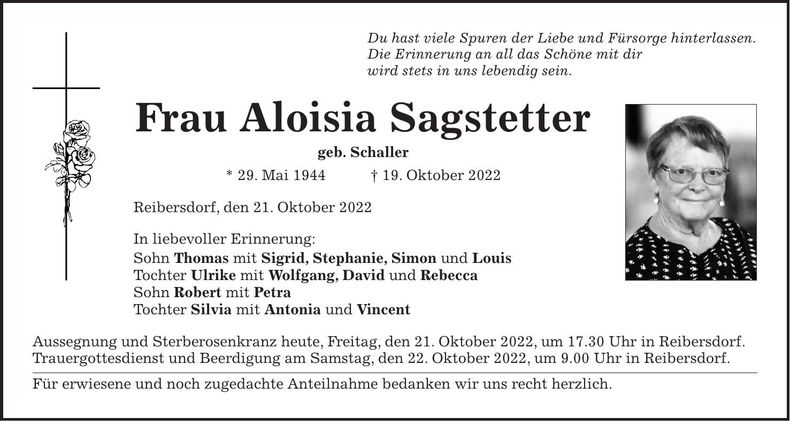 Traueranzeige Aloisia Sagstetter