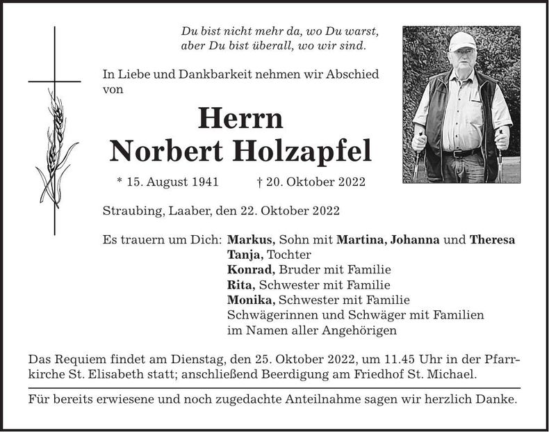 Traueranzeige Norbert Holzapfel