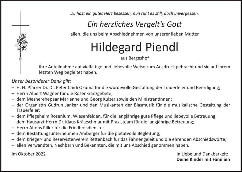 Traueranzeige Hildegard Piendl