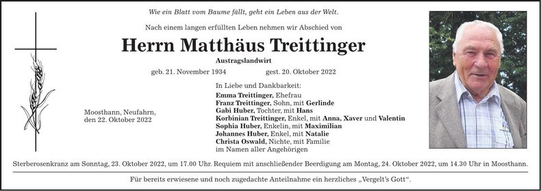 Traueranzeige Matthäus Treittinger