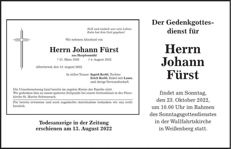 Traueranzeige Johann Fürst