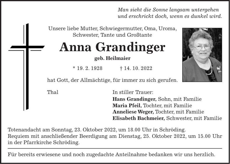Traueranzeige Anna Grandinger