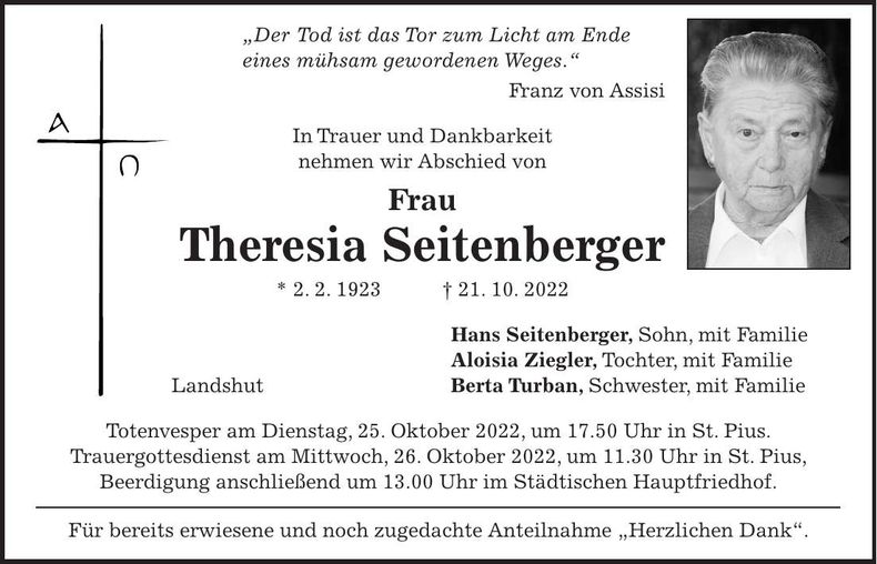 Traueranzeige Theresia Seitenberger