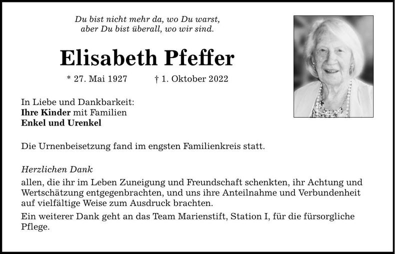 Traueranzeige Elisabeth Pfeffer