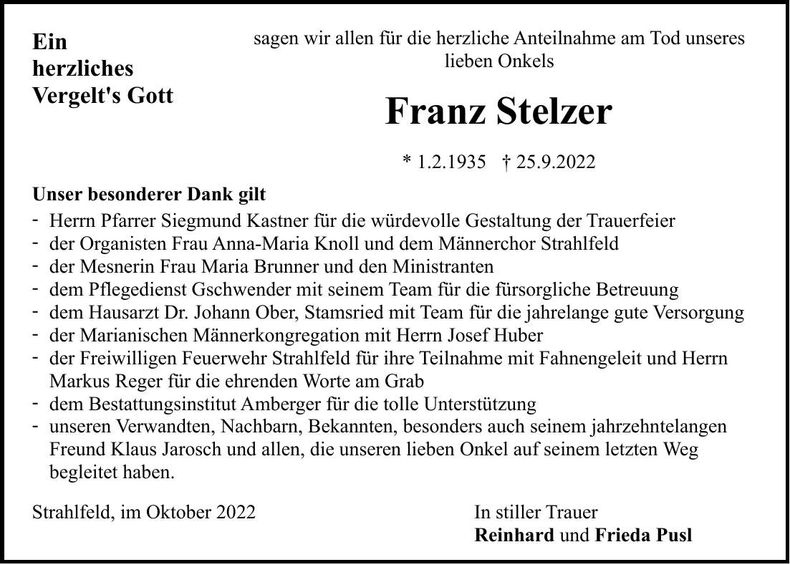Traueranzeige Franz Stelzer