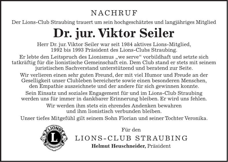 Traueranzeige Viktor Seiler Dr. Jur.