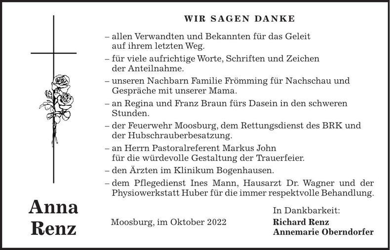 Traueranzeige Anna Renz