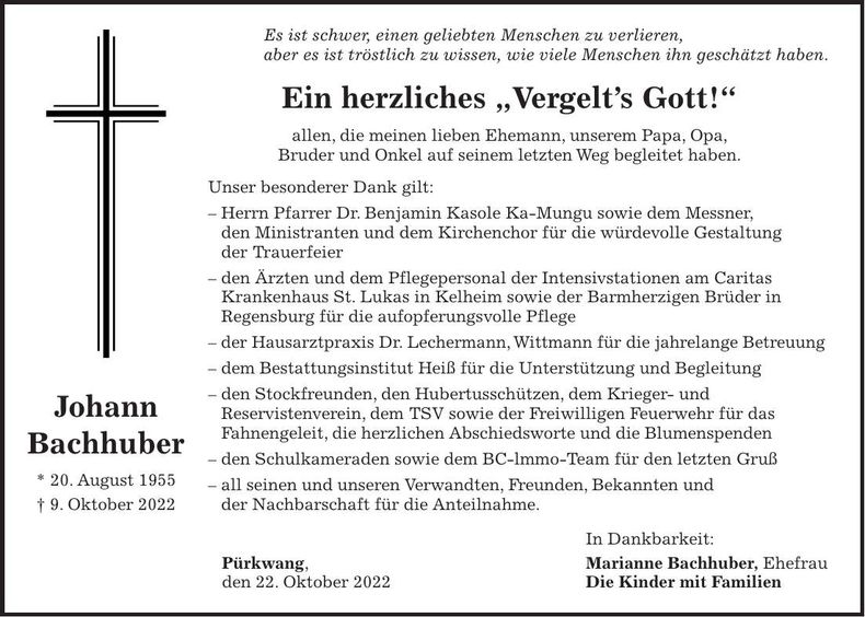 Traueranzeige Johann Bachhuber