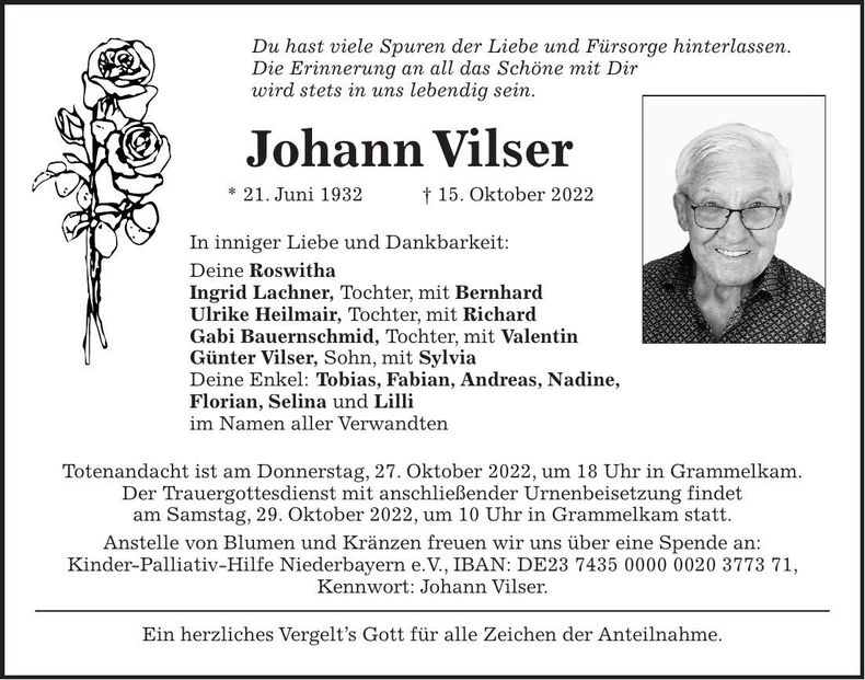 Traueranzeige Johann Vilser