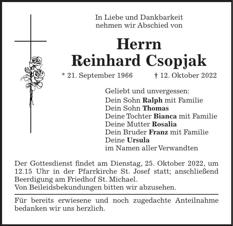 Traueranzeige Reinhard Csopjak