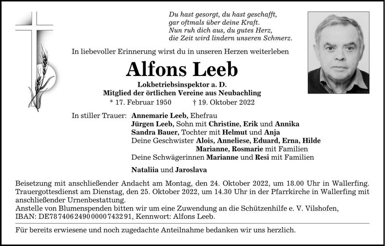 Traueranzeige Alfons Leeb