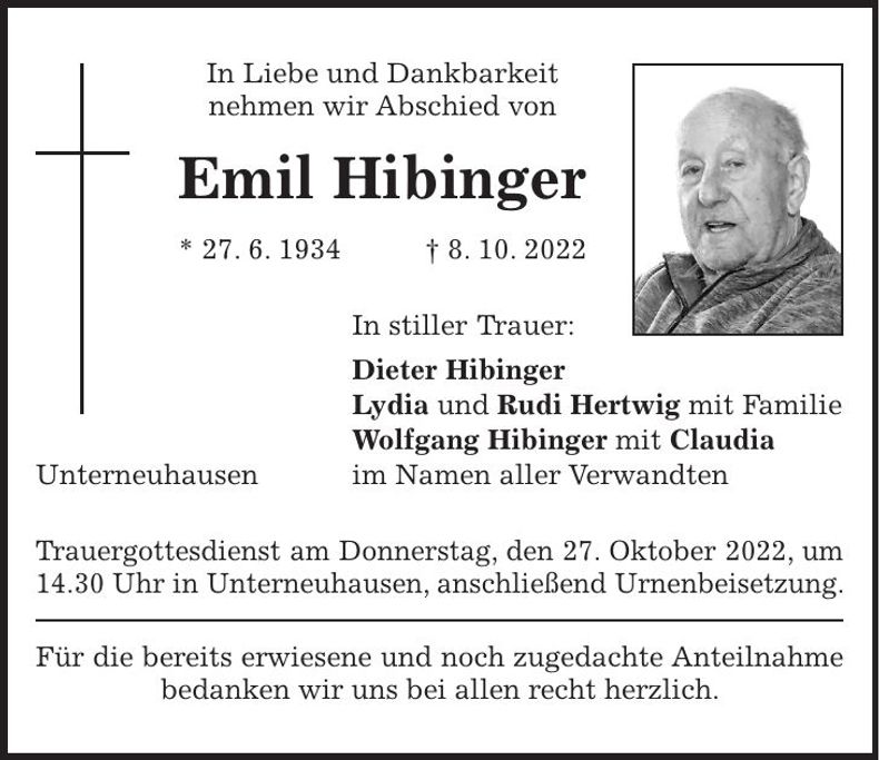 Traueranzeige Emil Hibinger
