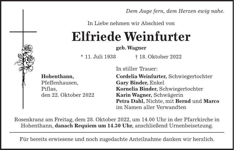 Traueranzeige Elfriede Weinfurter