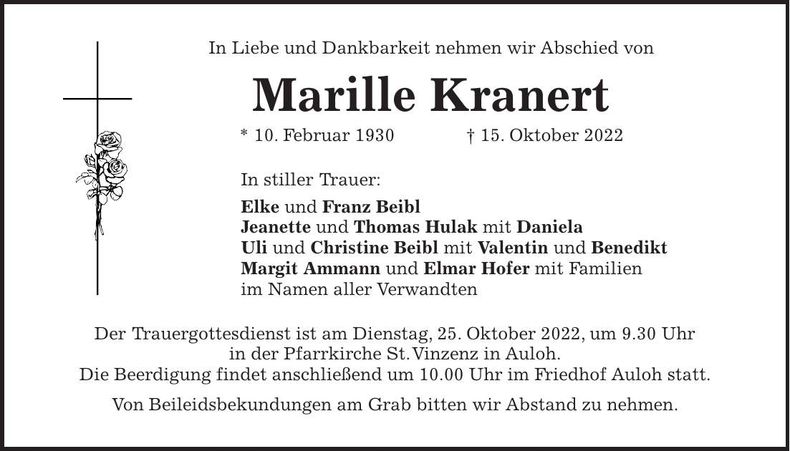 Traueranzeige Marille Kranert