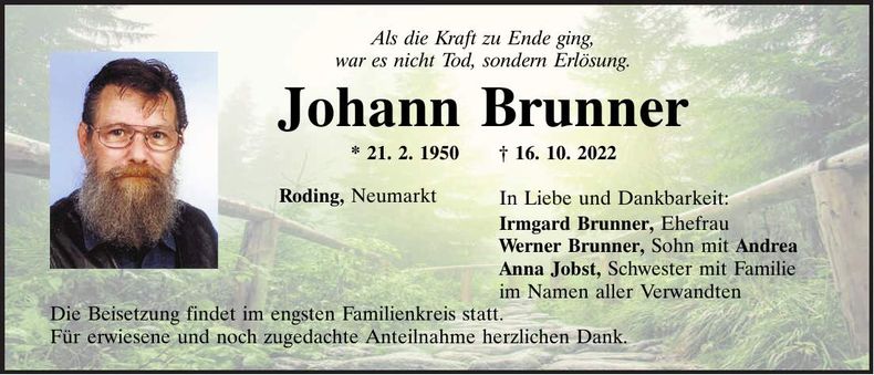 Traueranzeige Johann Brunner