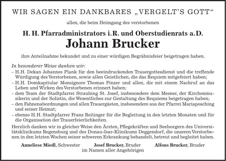 Traueranzeige Brucker Johann