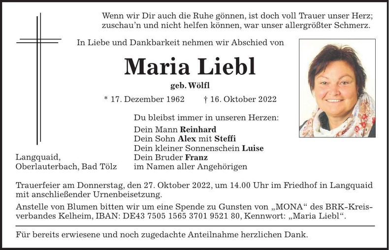 Traueranzeige Maria Liebl
