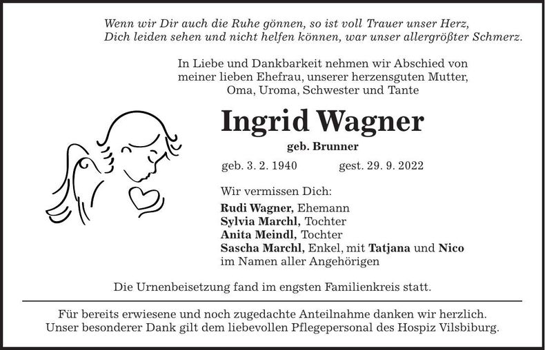 Traueranzeige Ingrid Wagner