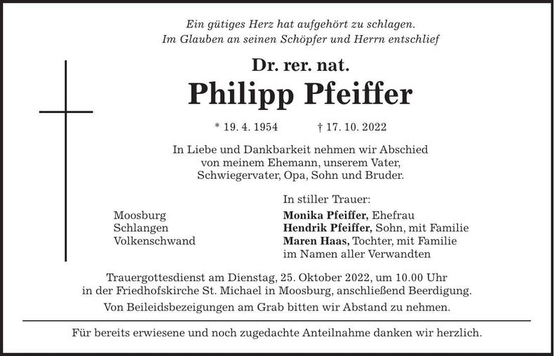 Traueranzeige Dr. rer. nat. Philipp Pfeiffer