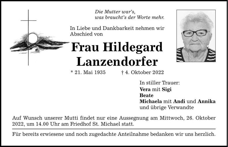 Traueranzeige Hildegard Lanzendorfer