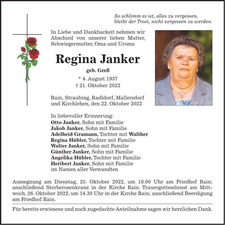 Traueranzeige Regina Janker