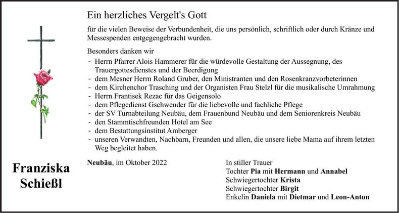Traueranzeige Franziska Schießl