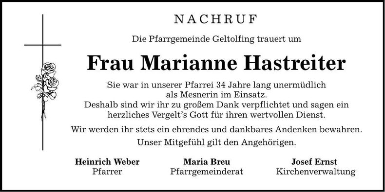 Traueranzeige Marianne Hastreiter