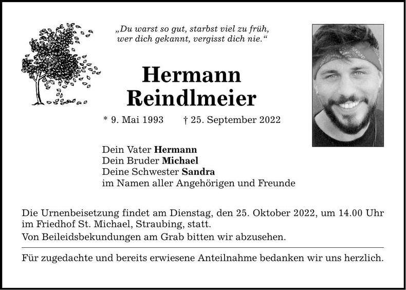 Traueranzeige Hermann Reindlmeier