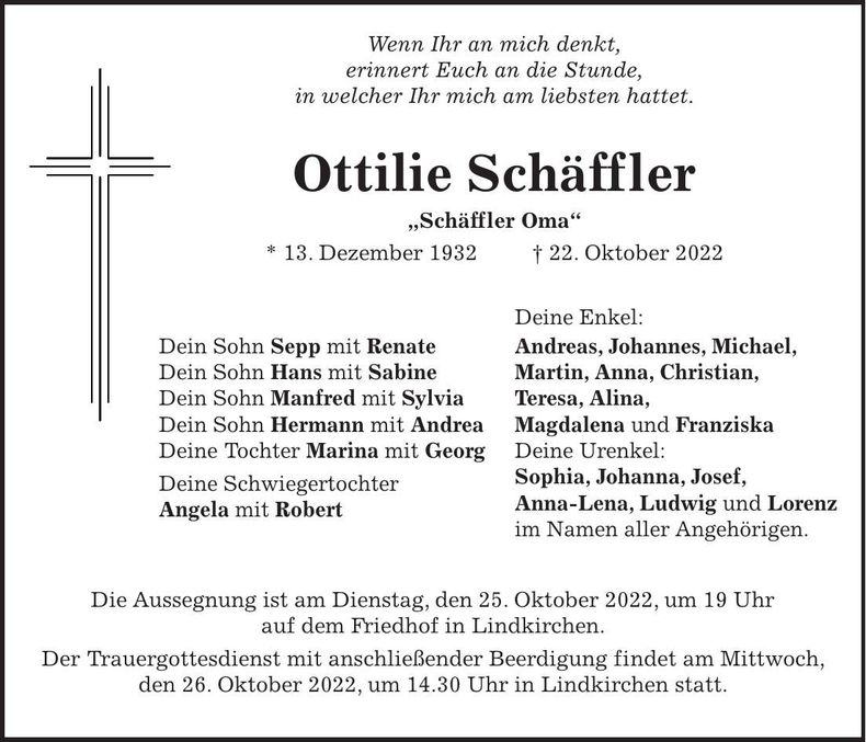 Traueranzeige Ottilie Schäffler
