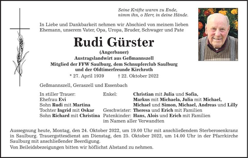 Traueranzeige Rudi Gürster