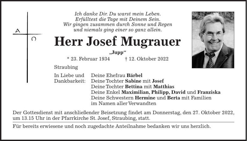 Traueranzeige Josef Mugrauer