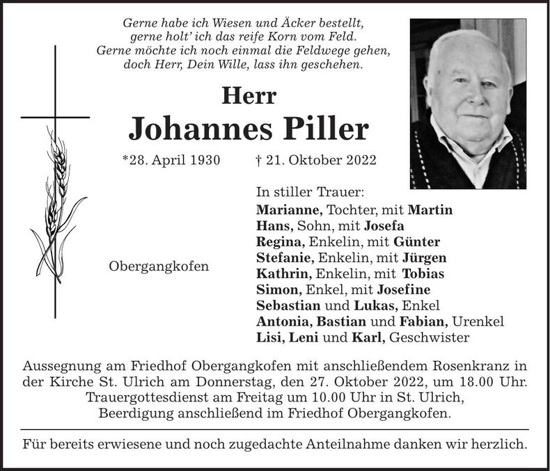 Traueranzeige Johannes Piller