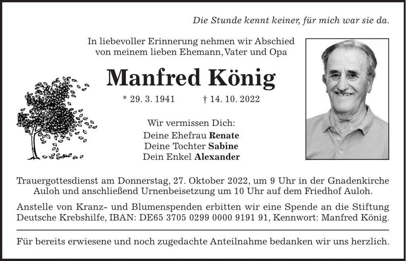 Traueranzeige Manfred König