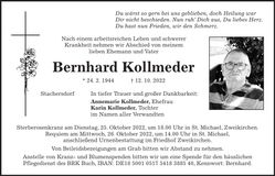 Traueranzeige Bernhard Kollmeder