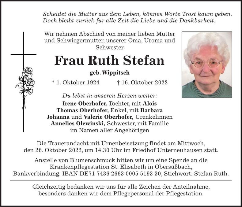 Traueranzeige Ruth Stefan