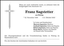 Traueranzeige Franz Sagstetter