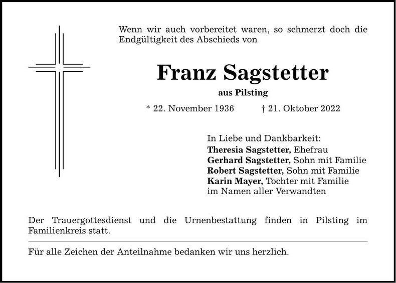 Traueranzeige Franz Sagstetter