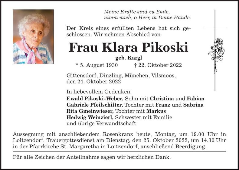 Traueranzeige Klara Pikoski