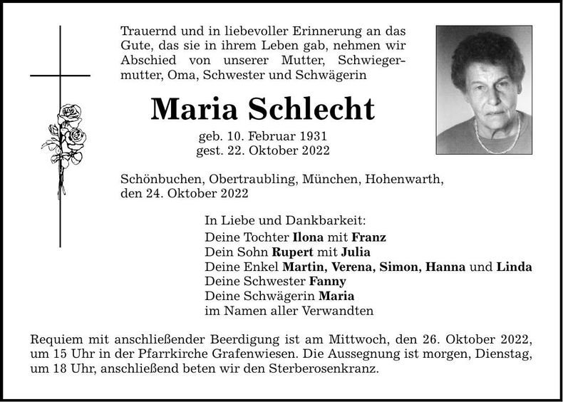 Traueranzeige Maria Schlecht