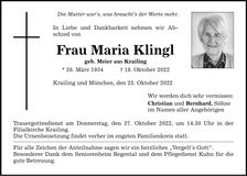 Traueranzeige Maria Klingl