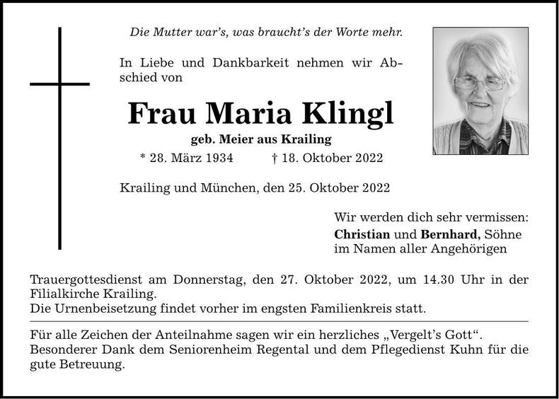 Traueranzeige Maria Klingl