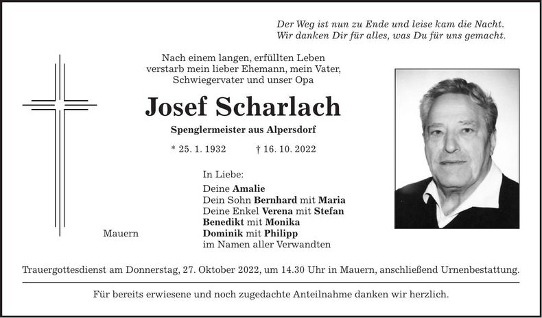 Traueranzeige Josef Scharlach