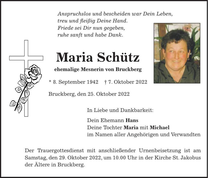 Traueranzeige Maria Schütz
