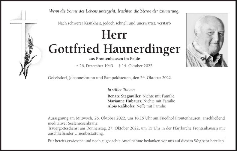 Traueranzeige Gottfried Haunerdinger
