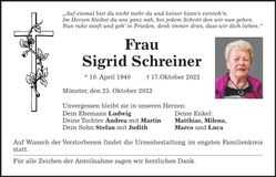 Traueranzeige Sigrid Schreiner