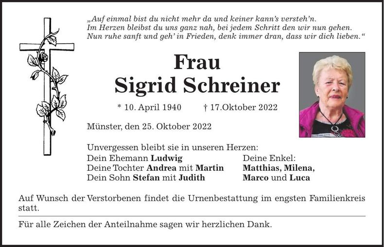 Traueranzeige Sigrid Schreiner