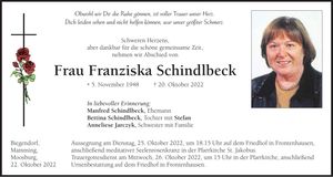 Traueranzeige Franziska Schindlbeck
