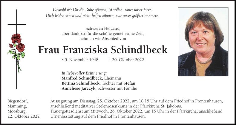 Traueranzeige Franziska Schindlbeck