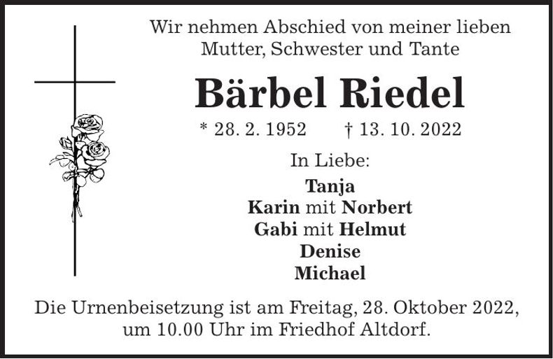 Traueranzeige Bärbel Riedel