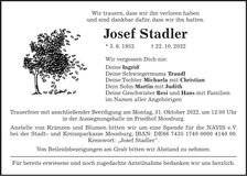 Traueranzeige Josef Stadler